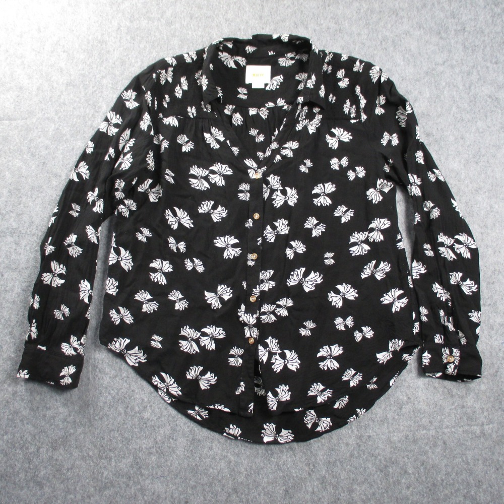 Anthropologie Maeve Blouse Women 12 Black White Bow Print Button Down V-neck